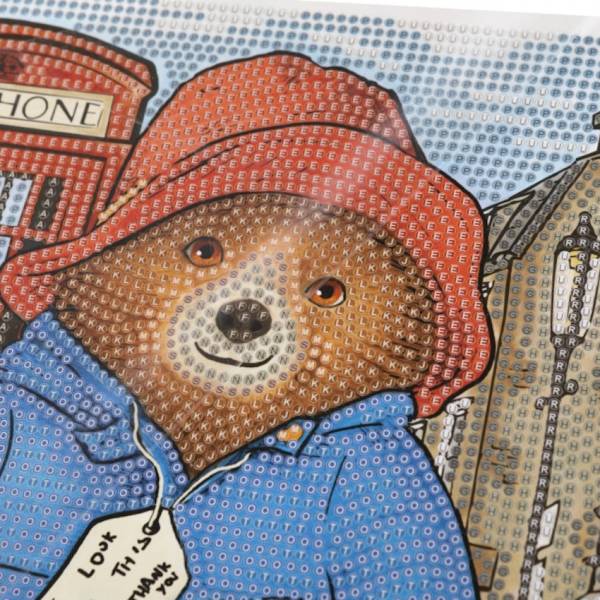 Diamond painting picture with picture frame, Paddington & postbox, round diamonds, approx. 21x25cm, partial picture