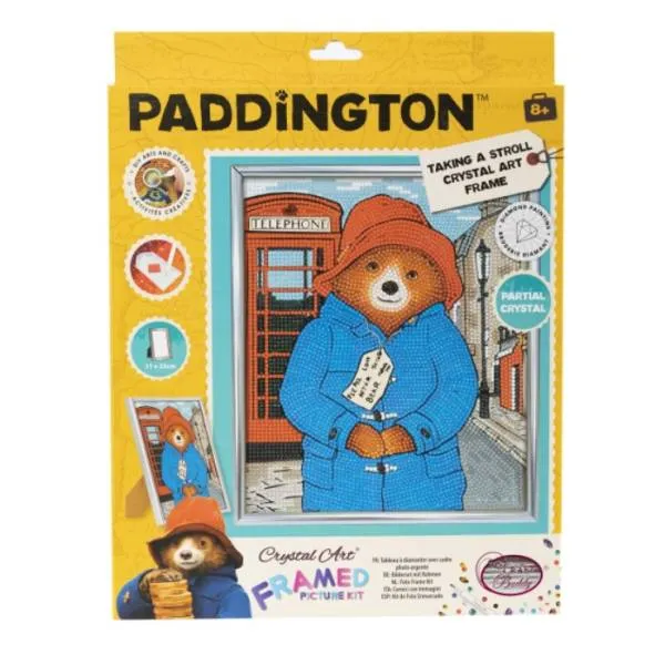 Diamond Painting Bild mit Bilderrahmen, "Taking A Stroll" Paddington Bear, 21x25cm, runde Steine, Teilbild