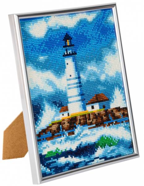 Diamond Painting Bild mit Bilderrahmen, Leuchtturm, runde Diamanten, ca. 21x25cm, Vollbild
