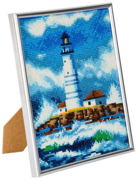 Diamond Painting Bild mit Bilderrahmen, Leuchtturm, 21x25cm, runde Steine, Vollbild