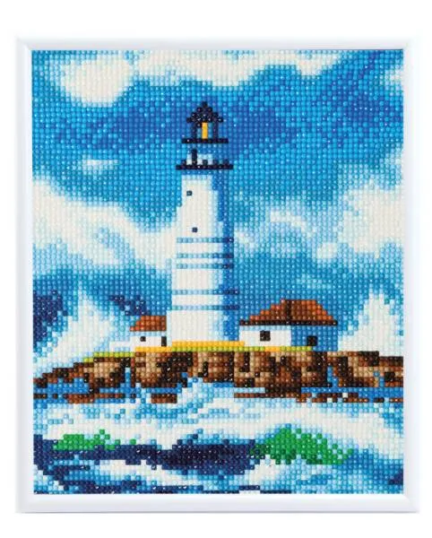 Diamond Painting Bild mit Bilderrahmen, Leuchtturm, 21x25cm, runde Steine, Vollbild