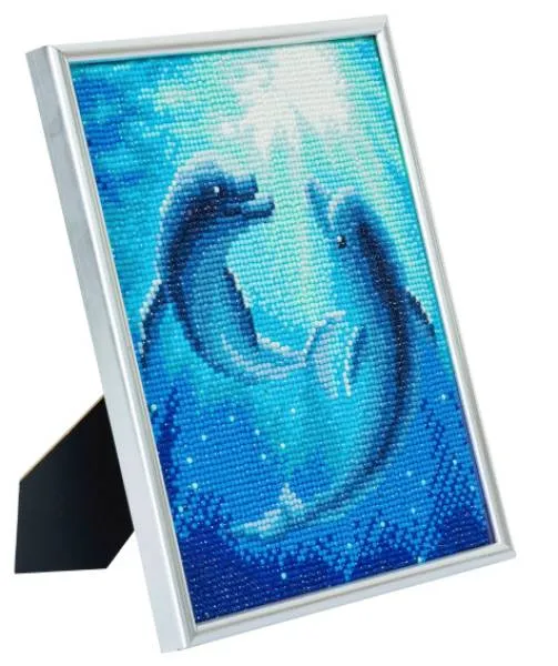 Diamond Painting Bild mit Bilderrahmen, tanzende Delphine, 21x25cm, runde Steine, Vollbild