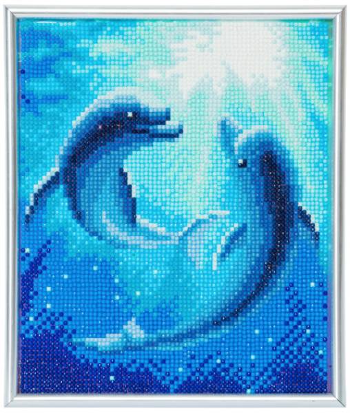 Diamond Painting Bild mit Bilderrahmen, tanzende Delphine, runde Diamanten, ca. 21x25cm, Vollbild