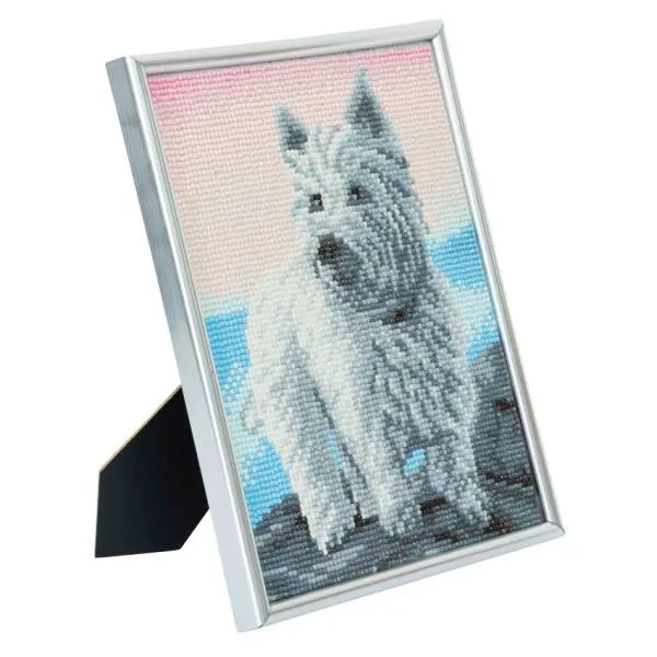 Diamond Painting picture with a picture frame, Westie, 21x25cm, round stones, full picture
