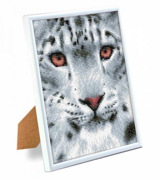 Diamond Painting Bild mit weißem Bilderrahmen, Schneeleopard, runde Diamanten, ca. 21x25cm, Vollbild