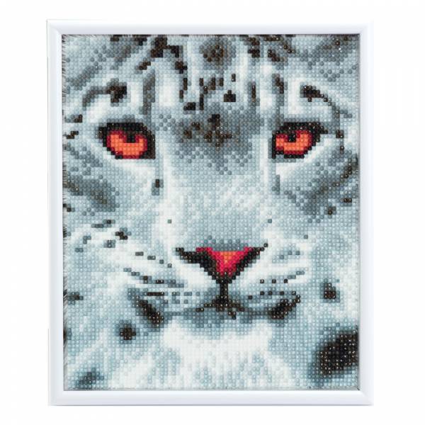 Diamond Painting Bild mit weißem Bilderrahmen, Schneeleopard, runde Diamanten, ca. 21x25cm, Vollbild