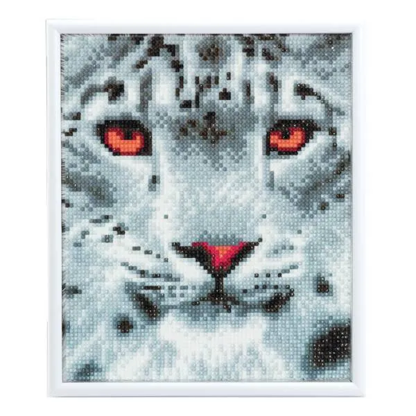 Diamond Painting Bild mit Bilderrahmen, Schneeleopard, 21x25cm, runde Steine, Vollbild