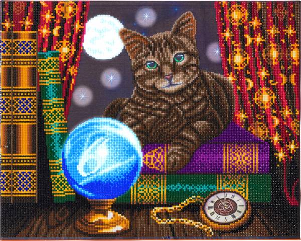 Diamond Painting Bild mit LED Beleuchtung, Lisa Parker - Fortune Teller Cat, runde Diamanten, ca. 50x40cm, Vollbild