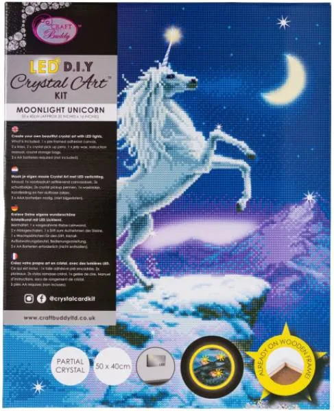 Diamond Painting Bild mit LED Beleuchtung, Moonlight Unicorn, runde Diamanten, ca. 50x40cm, Vollbild