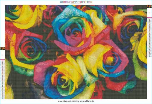 Diamond Painting Bild, Regenbogen-Rosen, 90x60cm, 50 Farben, runde Strass-Steine, Vollbild