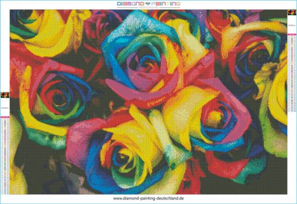 Vorlage (ohne Steine) Regenbogen-Rosen, 60x90cm, 50 Farben, für runde Strass-Steine, Vollbild