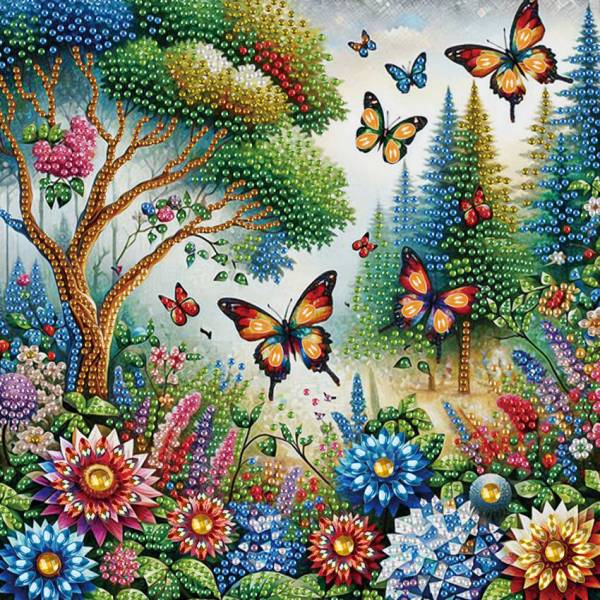 Diamond Painting Bild, Blumen mit Schmetterlingen, Strass-Diamanten, ca. 25x25cm, Teilbild, gut für Anfänger geeignet