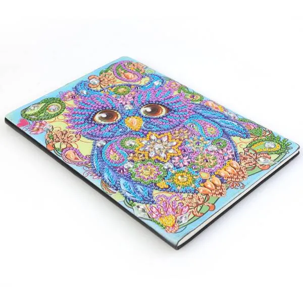Notebook for painting, owl, colourful, rhinestones, approx. 14x20cm, blank 