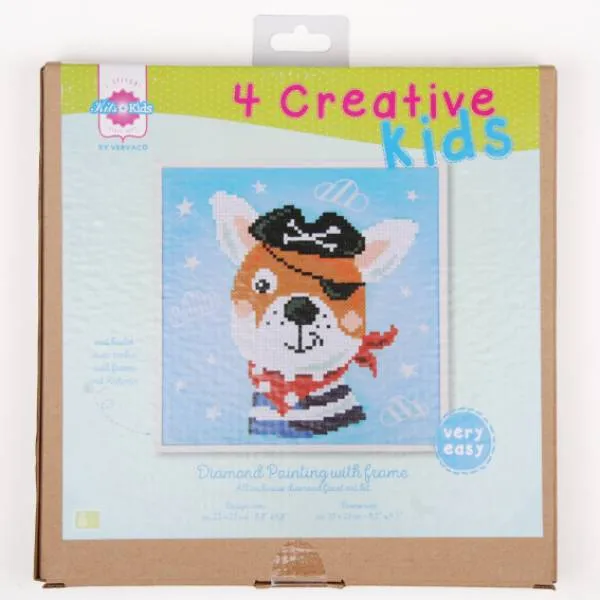 Diamond Painting Bild, Pirate dog, 21,5x21,5cm, 11 Farben, runde Steine, Teilbild mit Bilderrahmen