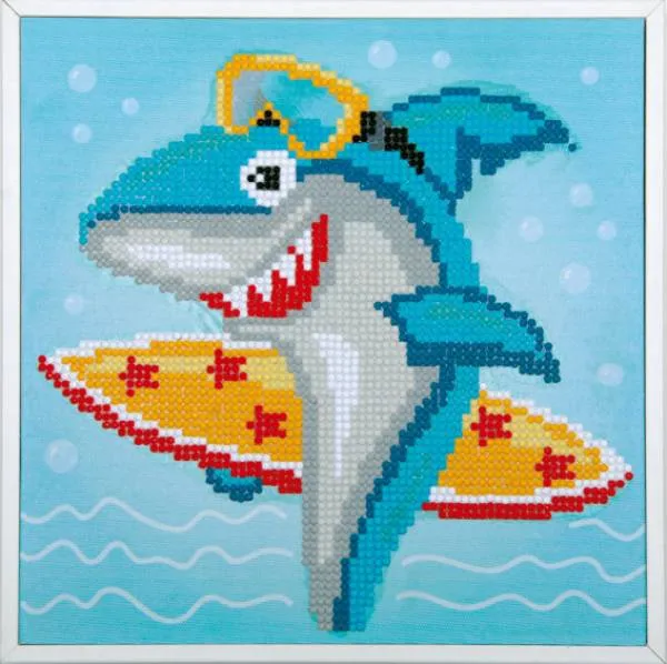 Diamond Painting Bild, Surfing shark, 21,5x21,5cm, 11 Farben, runde Steine, Teilbild mit Bilderrahmen