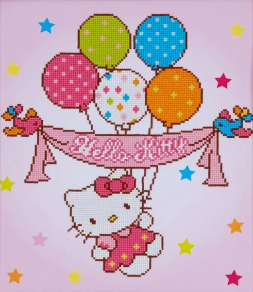 Diamond Painting Bild, Hello Kitty with balloons, 37x44cm, 9 Farben incl.2 AB, runde Steine, Teilbild