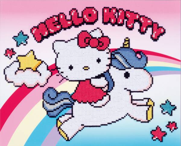 Diamond Painting Bild, Hello Kitty with unicorn, runde Steinchen, ca. 37x30cm, 10 Farben incl.1 AB Farbe, Teilbild