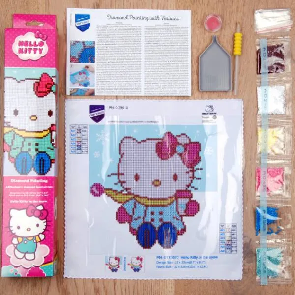 Diamond Painting Bild, Hello Kitty in the snow, 22x22cm, 6 Farben incl.1 AB, runde Steine, Teilbild