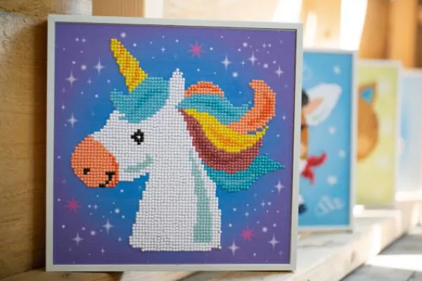 Diamond Painting Bild, Unicorn, 21,5x21,5cm, 11 Farben, runde Steine, Teilbild mit Bilderrahmen