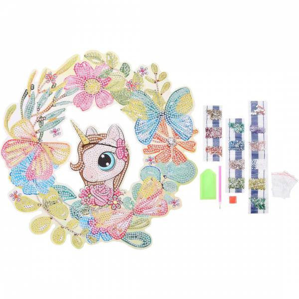 Door wreath, unicorn, approx. 30x30cm, 9mm thickness, rhinestones & special stones