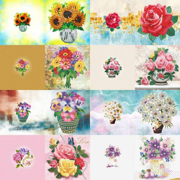 Grußkarten-Set mit 8 Motiven, Blumen, Painting-Set komplett mit runden Steinchen