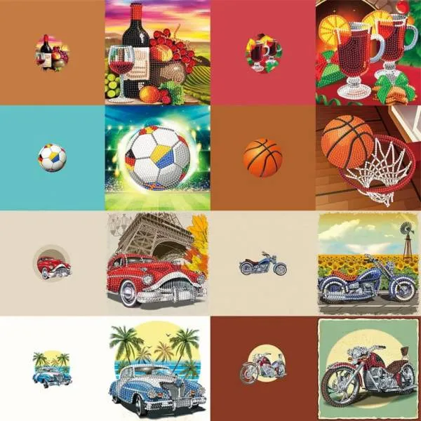 Grußkarten-Set mit 8 Motiven, Fahrzeuge, Sport & Wein, Painting-Set komplett mit runden Steine