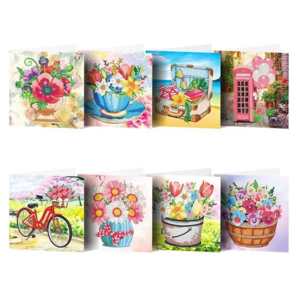 Grußkarten-Set mit 8 Motiven, Blumen & Landschaften, Painting-Set komplett mit runden Steine