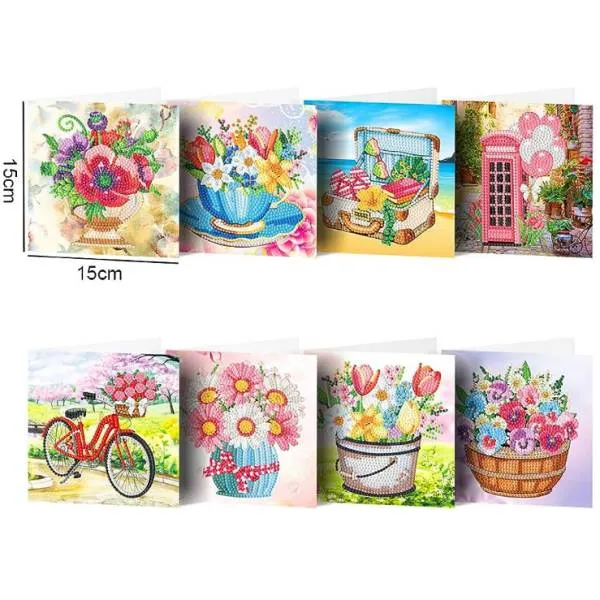 Grußkarten-Set mit 8 Motiven, Blumen & Landschaften, Painting-Set komplett mit runden Steine