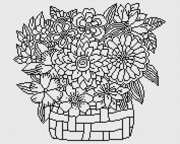 Canvas with motif (without stones) flower basket, 40x50cm, for round stones, full screen