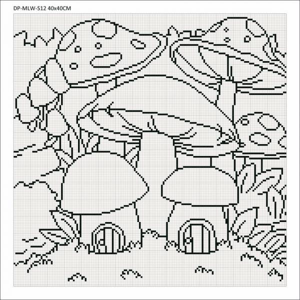 Canvas with motif (without stones) Mushroom Village, 40x40cm, for square stones, full screen