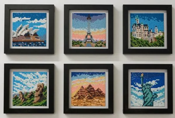 Diamond Painting Tiny-Bilder, Sehenswürdigkeiten, 6 Bilder á 10x10cm, 40 Farben, eckige Steine, Vollbild