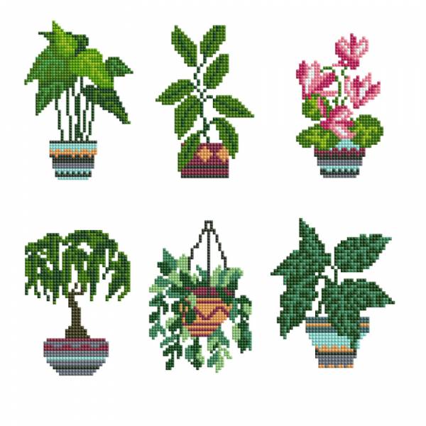 Diamond Painting Tiny-Bilder, Pflanzen, eckige Steine, 6 Bilder á 12x17cm, 19 Farben, Teilbild