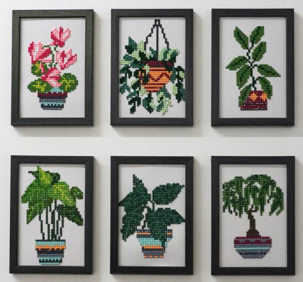 Diamond Painting Tiny-Bilder, Pflanzen, eckige Steine, 6 Bilder á 12x17cm, 19 Farben, Teilbild