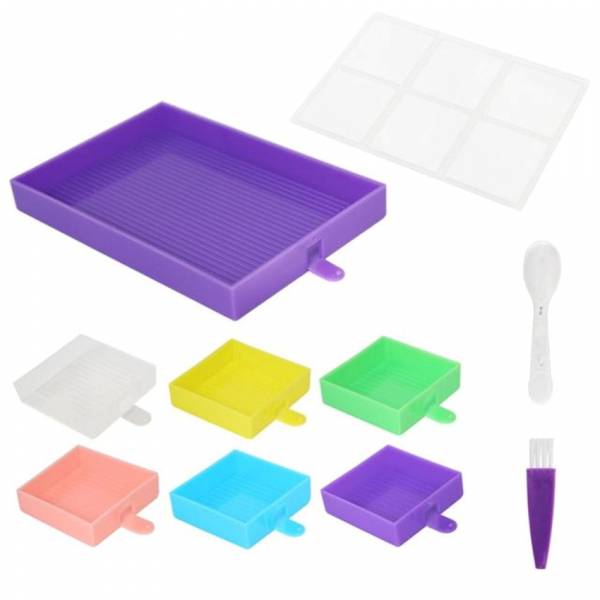 Schiffchen-Set, 7 Trays, Löffel und Pinsel, bunt, für Diamond Painting Steine