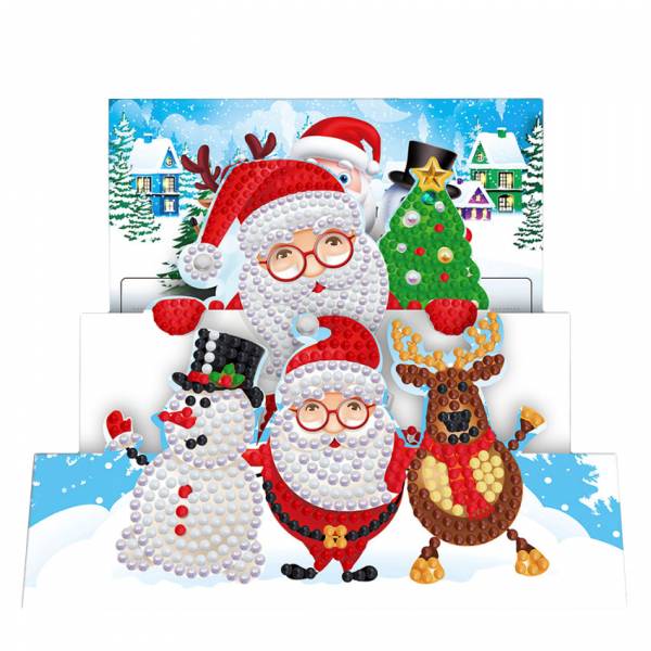 3D Weihnachtskarte Weihnachtsmann & Freunde, Painting-Set komplett mit runden Steinchen