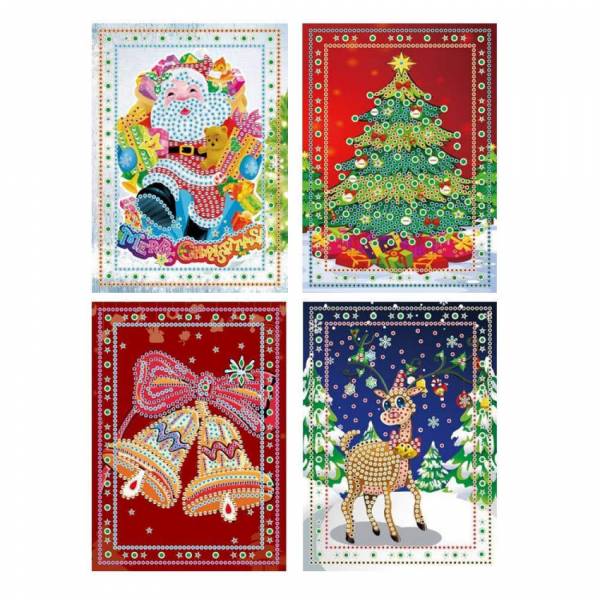 Diamond Painting, Weihnachtskarten zum Painten komplett mit Strass Steinchen, 4 Motive, Klappkarten mit Umschlag