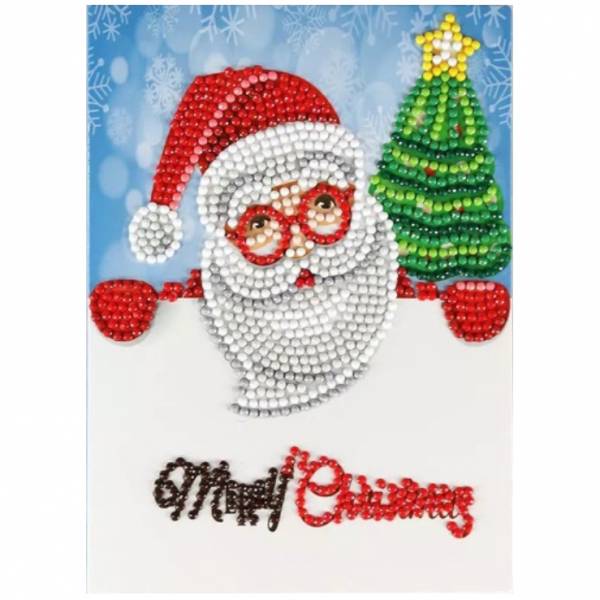 Weihnachtskarte Weihnachtsmann mit Baum, Painting-Set komplett mit runden Steinchen