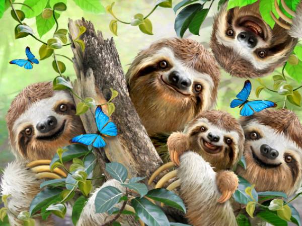 Vorlage (ohne Steine) Howard Robinson, Sloth Selfie, 65x90cm, 60 Farben, für eckige Steine, Vollbild