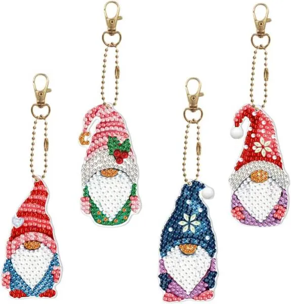 Keyring set, consisting of 4 pendants, motif gnome, painting set complete with rhinestones
