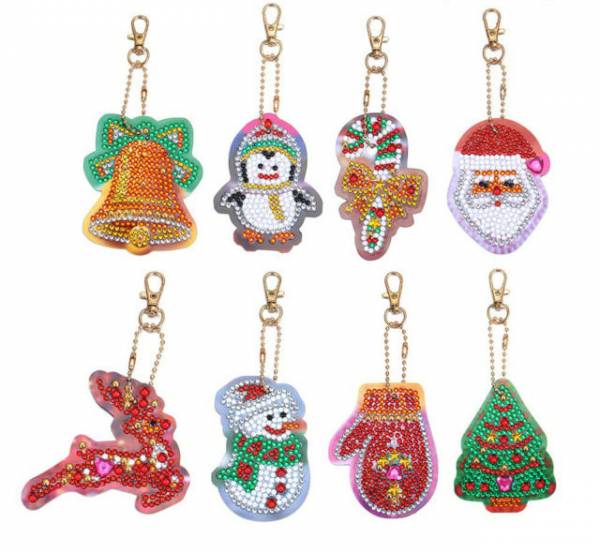 Schlüsselanhänger-Set, bestehend aus 16 Anhängern, Motiv Weihnachten, Painting-Set komplett mit Strass Steinchen