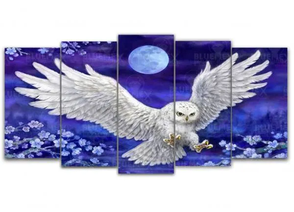 Diamond Painting Bild, Eule, 5 teilig,  2 x 20x38cm, 2 x 20x43cm, 1 x 20x49,5cm, 50 Farben, runde Steine, Vollbild