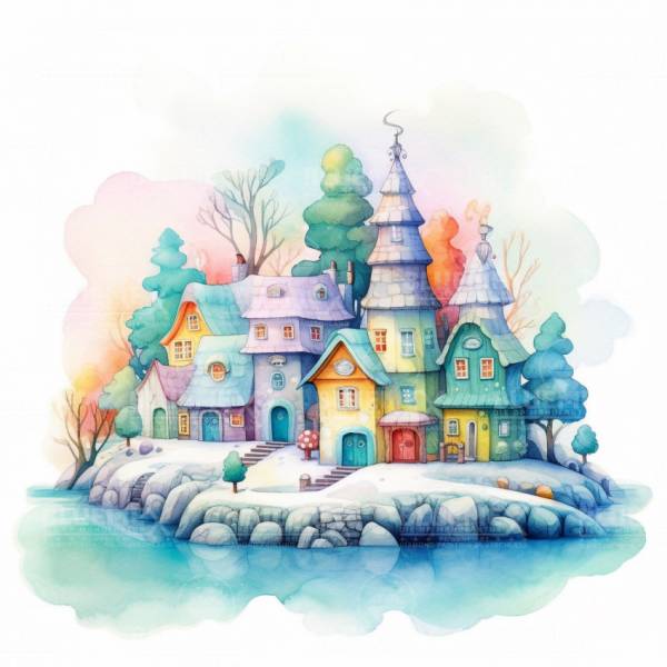 Diamond Painting picture, Winter Village, square stones, 60x60cm, 45 colours, full picture