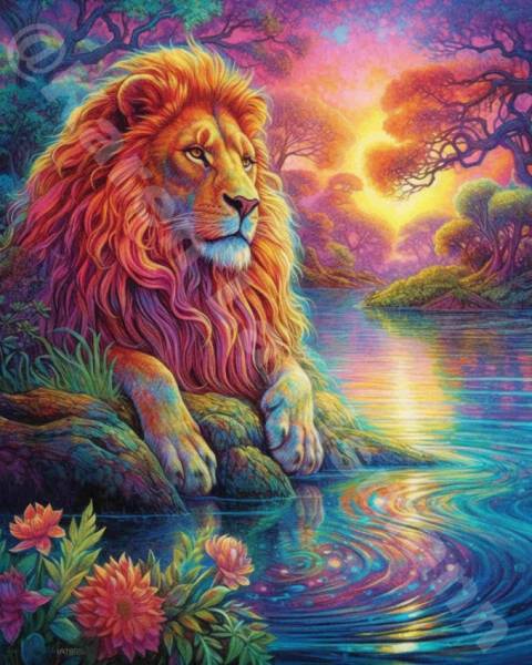 Diamond Painting picture, Colourful lion, round stones, 70x90cm, 70 colours, full picture