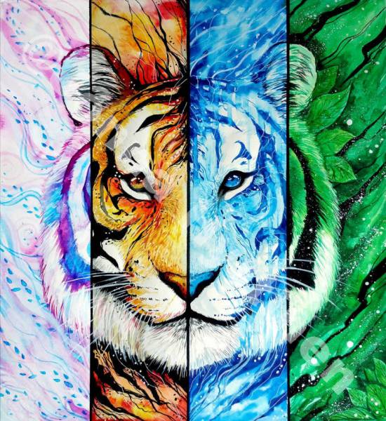 Jonna Hyttinen, Element Tiger, 4-Teiler, runde Steinchen, 4x 30x140cm, 150 Farben, Vollbild