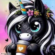 Michaela Klimes, Coffee Unicorn, 50x50cm, 43 Farben inkl. AB & Feensteine, runde Steine, Vollbild