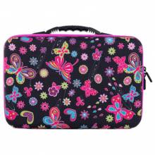 Sorting case, contents 60 jars with screw cap, black case with butterflies.