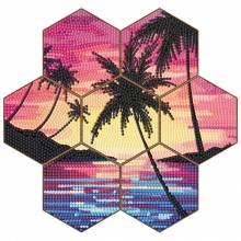 Coasters, 7 pieces with storage rack, Palm beach on plywood board, round