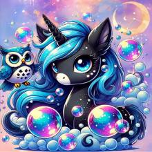 Michaela Klimes, Bubble Unicorn, eckige Steinchen, 50x50cm, 50 Farben inkl. AB & Feensteine, Vollbild