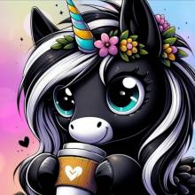 Michaela Klimes, Coffee Unicorn, runde Steinchen, 50x50cm, 43 Farben inkl. AB & Feensteine, Vollbild