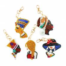 Keyring set, consisting of 5 pendants, motif heads, painting-set complete with rhinestones